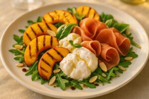 Insalata Estiva con Pesche Grigliate, Burrata e Prosciutto Crudo